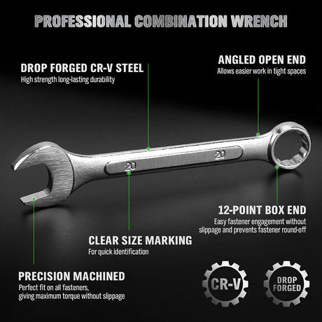 19-piece metric combination wrench set with CR-V steel spanners, 12-point box end design and roll-up storage pouch for automotive and mechanical repair