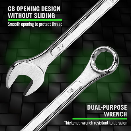 19-piece metric combination wrench set with CR-V steel spanners, 12-point box end design and roll-up storage pouch for automotive and mechanical repair