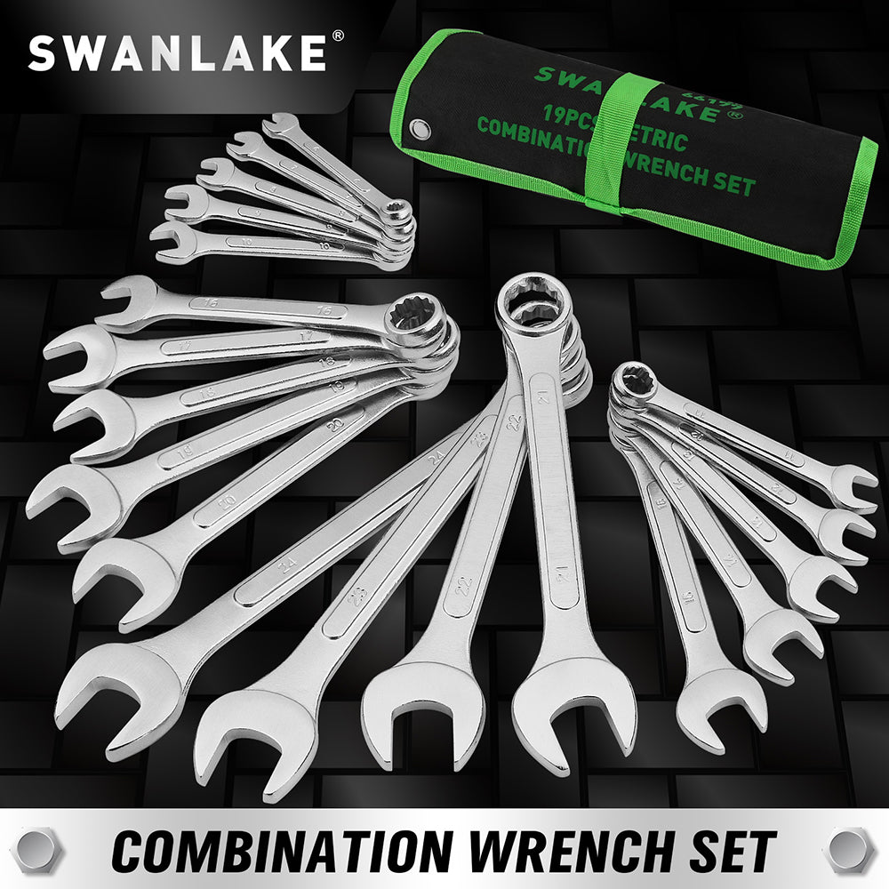 19-piece metric combination wrench set with CR-V steel spanners, 12-point box end design and roll-up storage pouch for automotive and mechanical repair