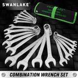 19-piece metric combination wrench set with CR-V steel spanners, 12-point box end design and roll-up storage pouch for automotive and mechanical repair