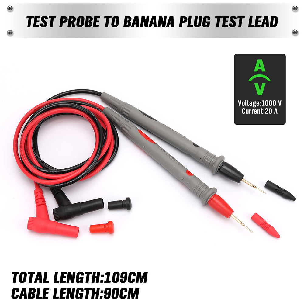 SWANLAKE 1000V 20A multimeter test leads with red and black silicone cables, sharp probe tips, banana plug connectors, and insulated grips