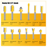 24-piece 1/4 inch shank router bits set in wooden storage case with straight, flush trim, round over, cove, chamfer, dovetail, mortising, slot cutter and grooving bits for woodworking