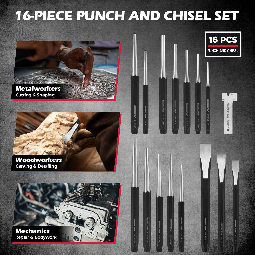 25-piece roll pin punch and punch and chisel set with CR-V steel tools, angle gauge, roll-up storage pouches and gift box