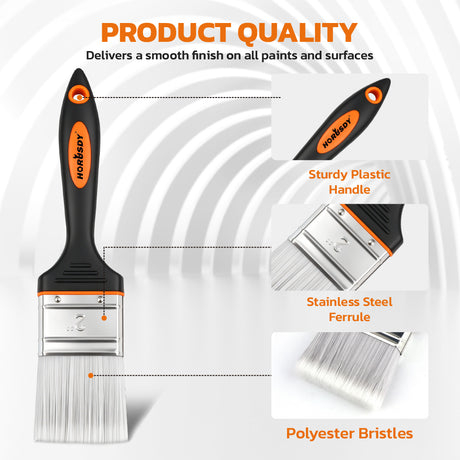 2 inch and 3 inch flat paint brush set with polyester bristles, stainless steel ferrule and plastic handle for paints, stains, acrylics and DIY projects