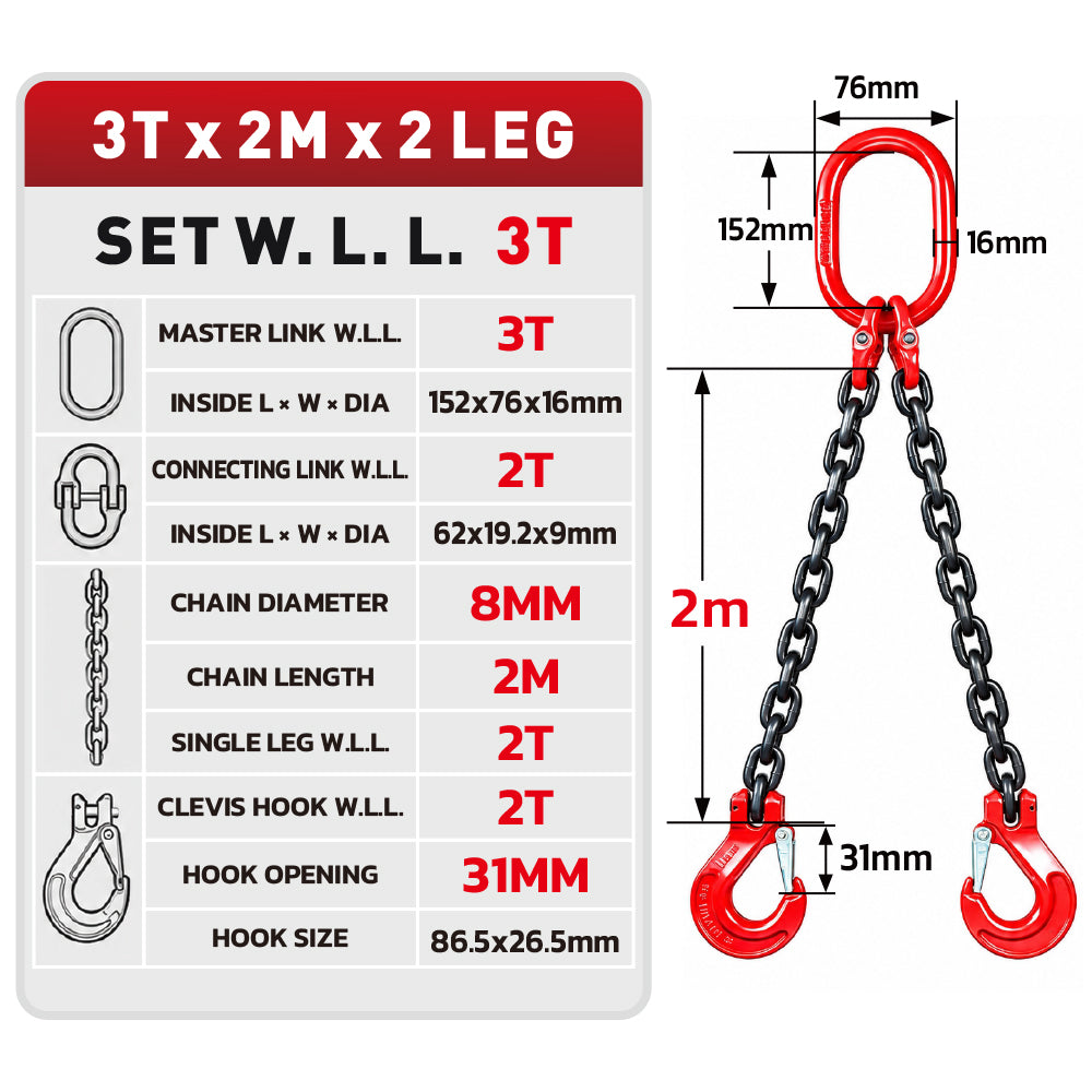 Grade 80 chain sling 1T-5T heavy duty lifting chain with master link and safety hooks, available in 1, 2 and 4 leg configurations for rigging and hoisting