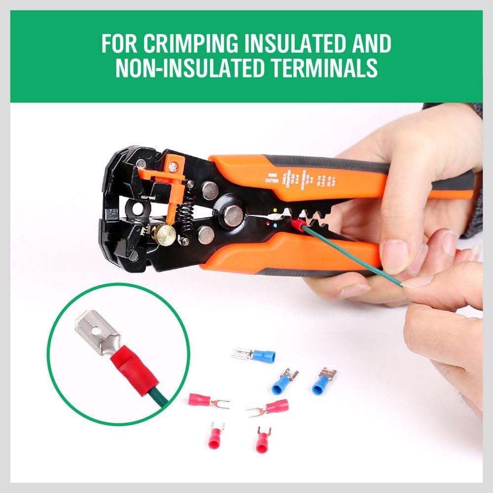 8 Inch 5-in-1 Automatic Wire Stripper with Self Adjusting Jaws, Wire Cutter, Terminal Crimper and Orange Non-Slip Handles