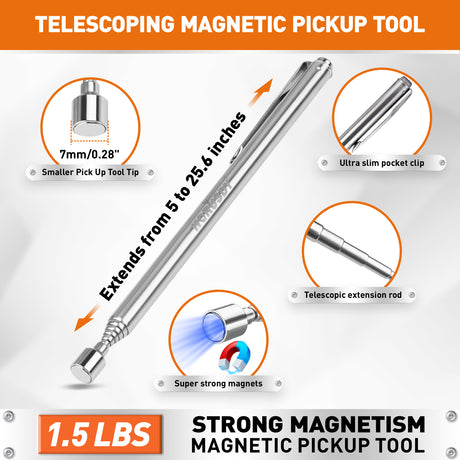 4-piece telescoping magnetic pickup tool kit with inspection mirror, flexible grabber and strong magnets