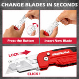 2-in-1 folding utility knife and scraper with SK5 blades, 3-angle locking, built-in blade storage and belt clip