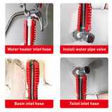 Red 8-in-1 sink wrench and faucet installer tool with adapters for under sink plumbing, basin nuts, valves and supply lines