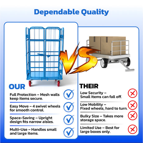 Blue heavy duty double-door logistics trolley cage with lockable swivel rubber wheels for warehouse storage and transport