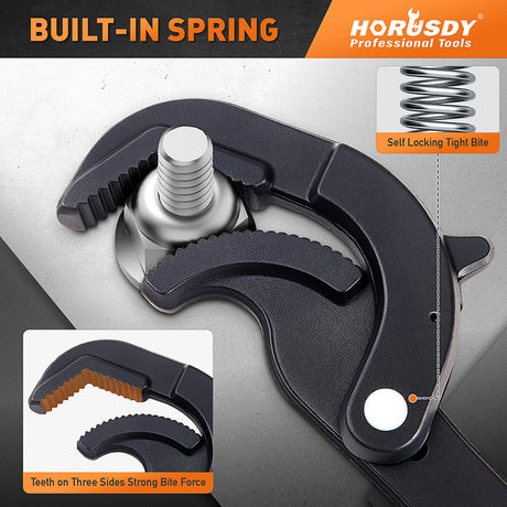 Self-adjusting pipe wrench set with high-carbon steel jaws, non-slip handles and 14–63mm capacity for plumbing, auto repair and home maintenance