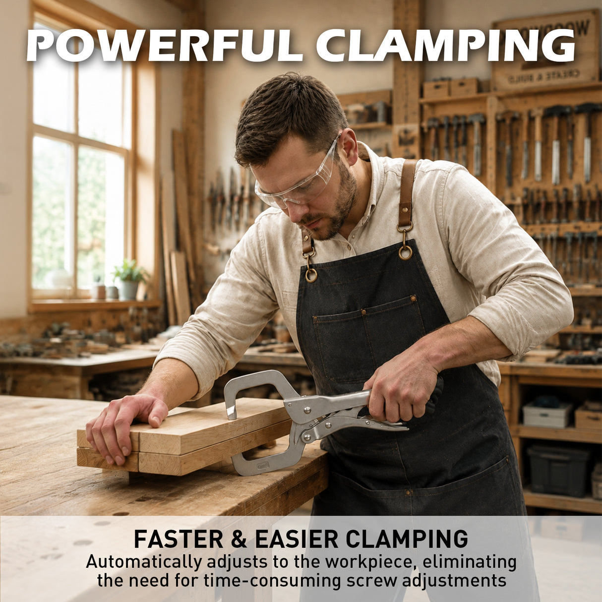11-inch locking C-clamp pliers with Cr-Mo steel construction, adjustable tension screw and quick-release lever for welding and woodworking.