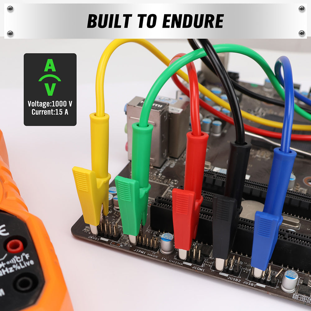 1.2m alligator clip test leads set with insulated silicone wires for multimeter and circuit testing – 1000V 15A rated professional tool.