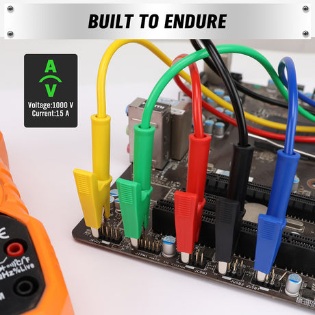 1.2m alligator clip test leads set with insulated silicone wires for multimeter and circuit testing – 1000V 15A rated professional tool.