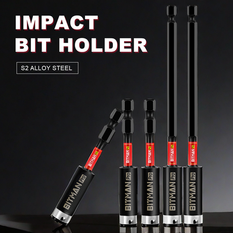 1/4 inch impact magnetic bit holder with quick change hex shank, double locking mechanism, strong magnetic tip and torsion zone, available in 2.5 inch, 3 inch and 6 inch lengths for impact drivers and power drills.