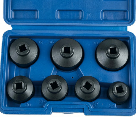 PROFESSIONAL TOOLS 7-piece 3/8-inch drive oil filter socket set with 24-38mm 6-point cap wrenches and storage case