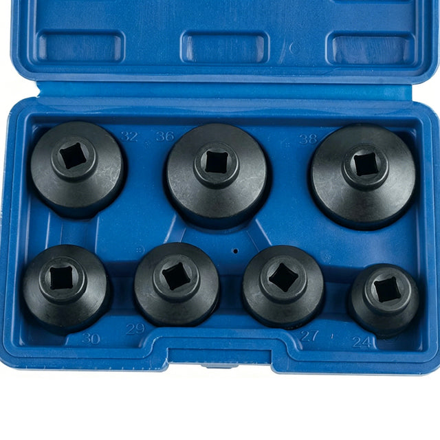 PROFESSIONAL TOOLS 7-piece 3/8-inch drive oil filter socket set with 24-38mm 6-point cap wrenches and storage case