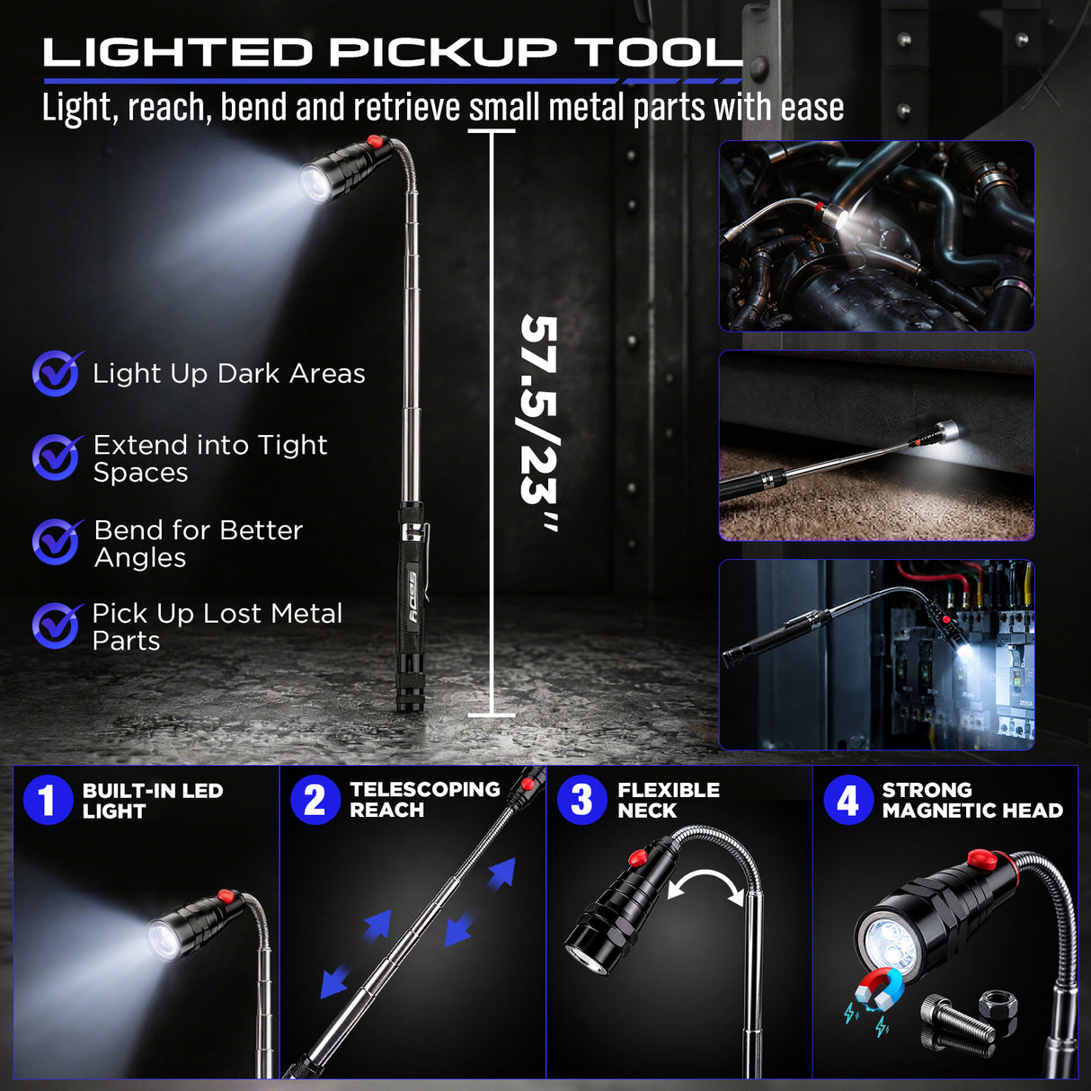 17-piece automotive trim removal and pick tool set with blue nylon pry tools, heat-treated steel hooks, clip removal pliers, ergonomic handles, roll-up pouch and extendable LED magnetic pickup tool for car panels, clips, seals, O-rings and small metal parts