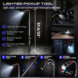 17-piece automotive trim removal and pick tool set with blue nylon pry tools, heat-treated steel hooks, clip removal pliers, ergonomic handles, roll-up pouch and extendable LED magnetic pickup tool for car panels, clips, seals, O-rings and small metal parts
