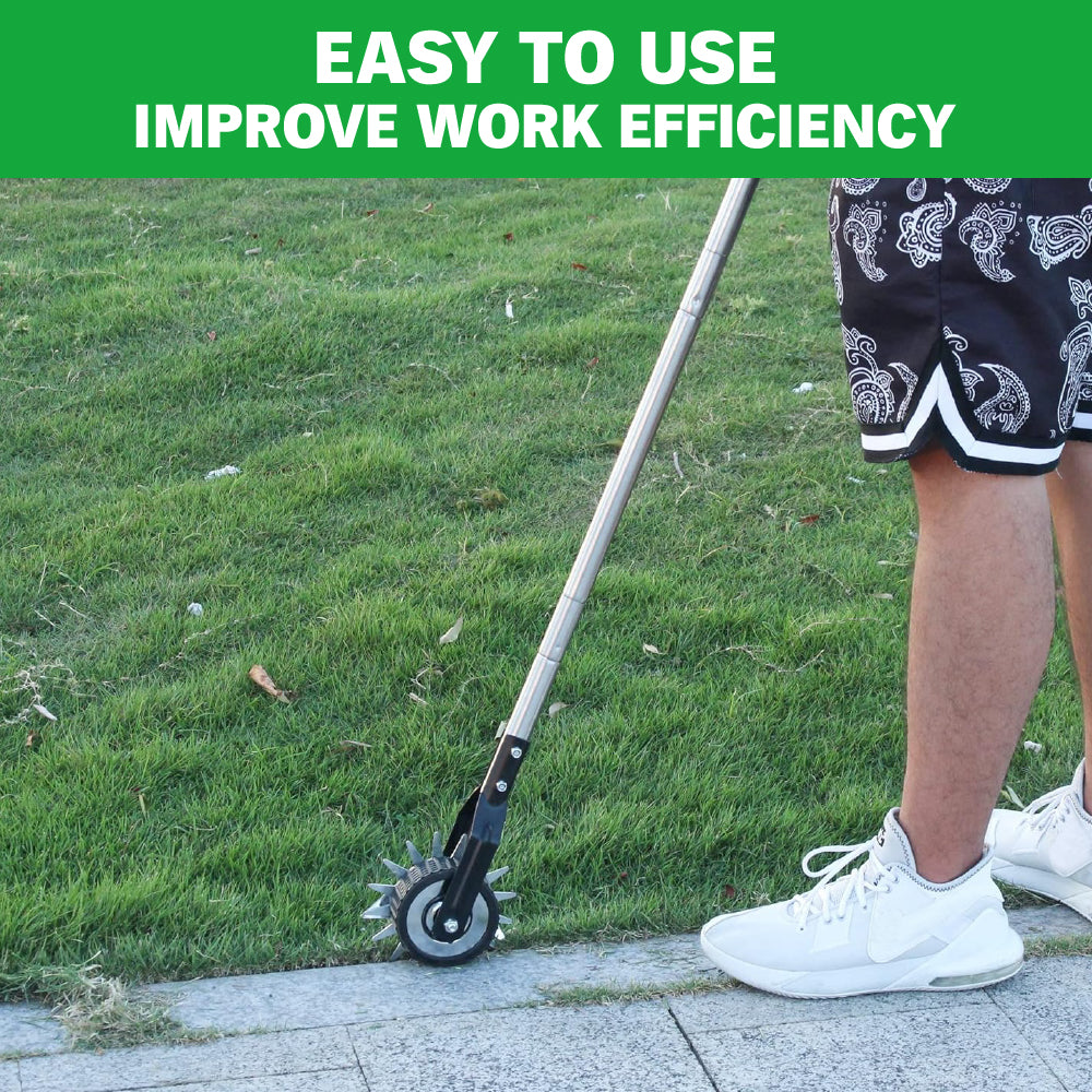 manual rolling lawn edger tool with 67.7 inch stainless steel handle, metal edging blade and guide wheel for trimming grass edges along sidewalks, driveways, garden paths and lawn borders