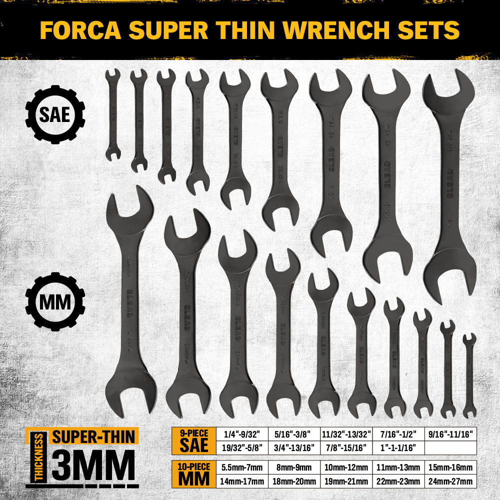 19-piece super-thin open end wrench set with 3mm slim profile, SAE and metric sizes, chrome vanadium steel construction, four-point open ends, and rolling tool pouch