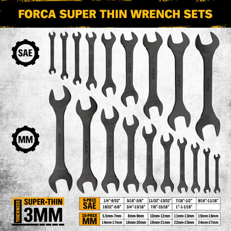 19-piece super-thin open end wrench set with 3mm slim profile, SAE and metric sizes, chrome vanadium steel construction, four-point open ends, and rolling tool pouch