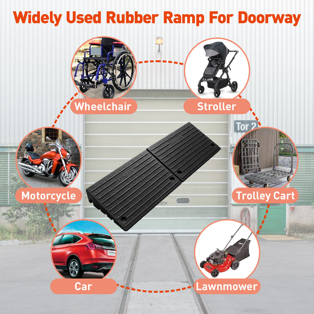 heavy duty rubber curb ramp with anti-slip angled surface, 10 ton load capacity and connectable design for driveways, doorways, cars, wheelchairs, motorcycles, trolleys, strollers