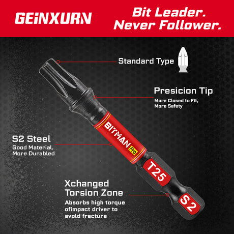 10-piece 2-inch Torx impact bit set with T7, T8, T9, T10, T15, T20, T25, T27, T30 and T40 magnetic S2 steel power bits, torsion zones and compact storage case.