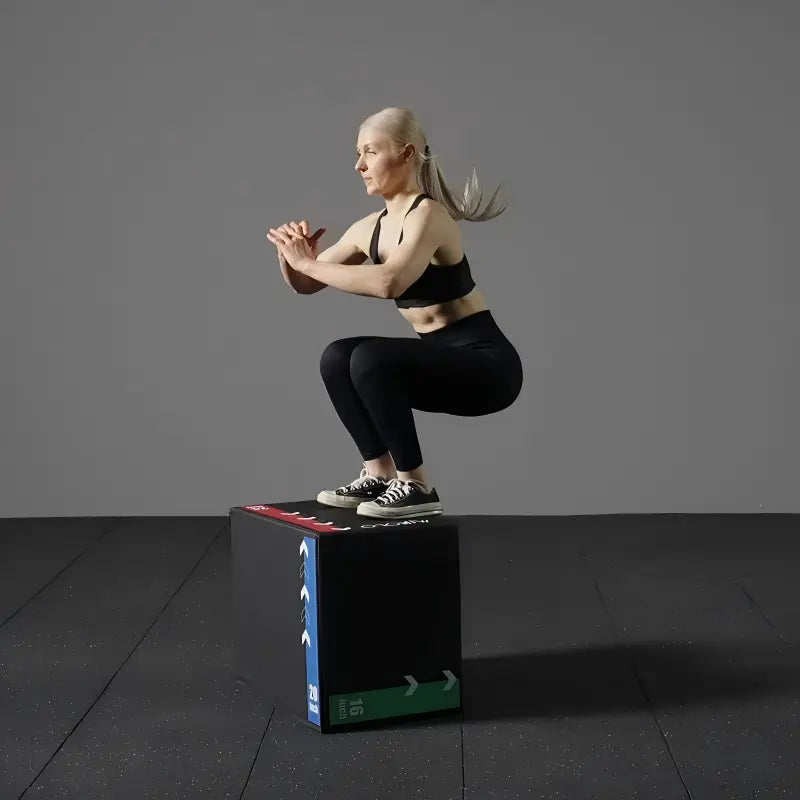 3-in-1 soft foam plyometric jump box with selectable 12/14/16, 16/18/20 or 16/20/24-inch heights for home gym workouts