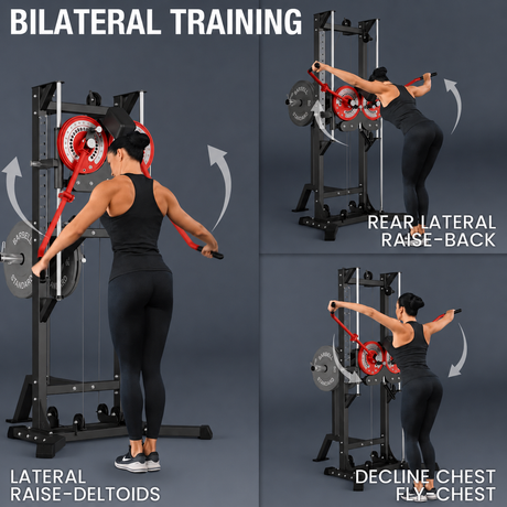 plate loaded lateral raise machine with adjustable arms, headrest, pulley system and steel frame for home gym shoulder training