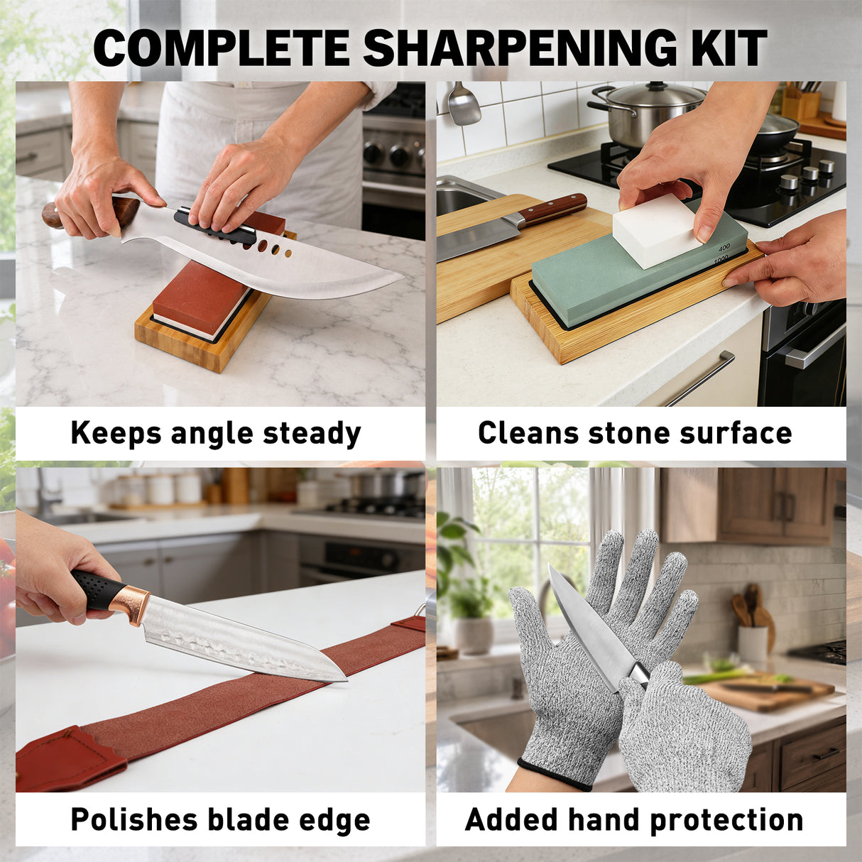 10-piece knife sharpening stone kit with 400/1000 and 3000/8000 grit whetstones, bamboo base, rubber bases, angle guide, Nagura stone, leather strop, cleaning towel and cut resistant gloves