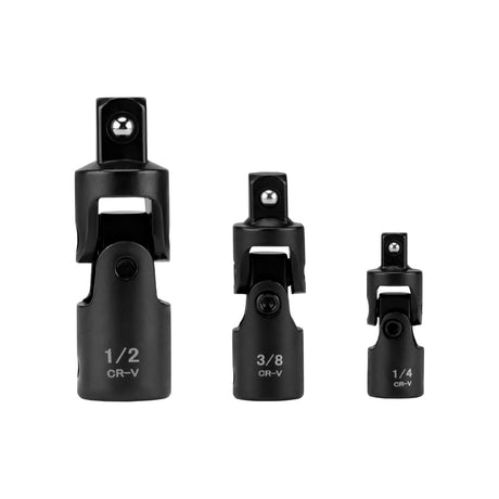 CR-V universal joint socket adapter in 1/4 inch, 3/8 inch and 1/2 inch drive sizes for ratchets, impact tools and automotive repair