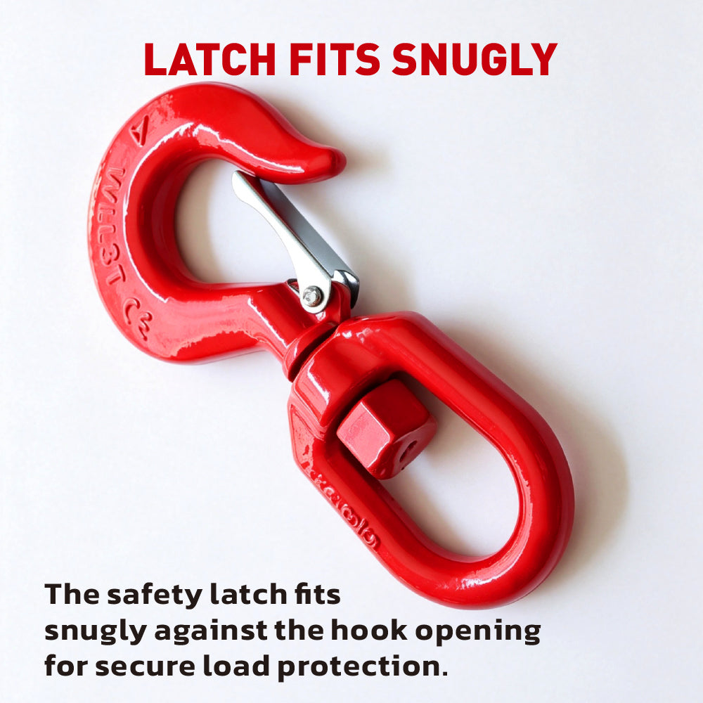 heavy-duty swivel lifting hook with safety latch and red powder-coated finish for rigging, hoisting and material handling
