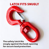 heavy-duty swivel lifting hook with safety latch and red powder-coated finish for rigging, hoisting and material handling