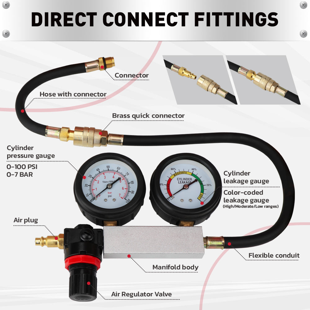 cylinder leak down tester kit dual gauge engine compression tester air powered automotive diagnostic tool with hose adapters 10mm 12mm 14mm for car motorcycle engine testing