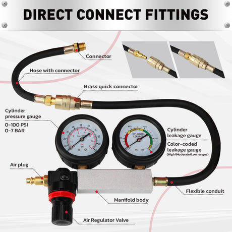 cylinder leak down tester kit dual gauge engine compression tester air powered automotive diagnostic tool with hose adapters 10mm 12mm 14mm for car motorcycle engine testing