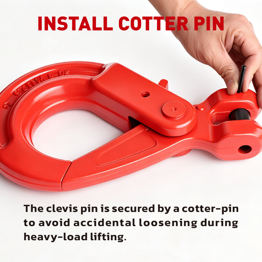 G80 clevis self-locking lifting hook with powder-coated finish and secure locking gate for chain rigging, hoisting and material handling
