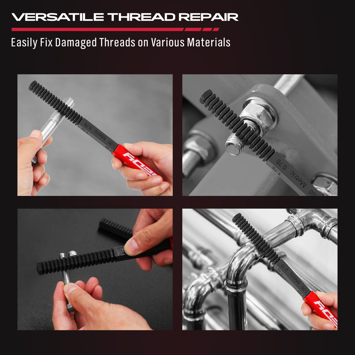 3-piece thread repair file set with metric and inch thread chasers for restoring damaged threads on bolts, studs, screws and pipes