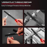 3-piece thread repair file set with metric and inch thread chasers for restoring damaged threads on bolts, studs, screws and pipes
