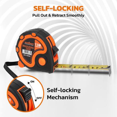 25FT 7.5M self-locking measuring tape with dual scale, belt clip, wrist strap, carbon steel blade and ABS rubber case