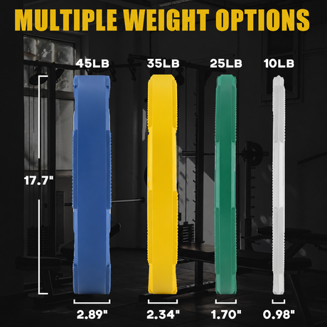 Olympic bumper plates set with low-bounce rubber, steel inserts, textured grip edges and IWF color-coded weight options for barbell training
