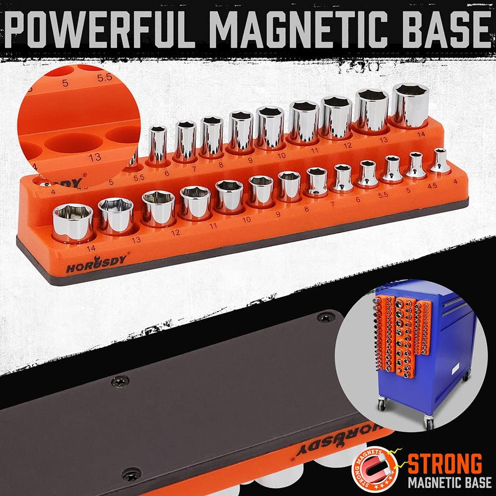 3-piece magnetic socket organizer set with 75 slots, orange metric socket holders for 1/4, 3/8 and 1/2 inch drive sockets, suitable for toolboxes and workshop storage.