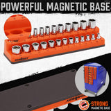 3-piece magnetic socket organizer set with 75 slots, orange metric socket holders for 1/4, 3/8 and 1/2 inch drive sockets, suitable for toolboxes and workshop storage.