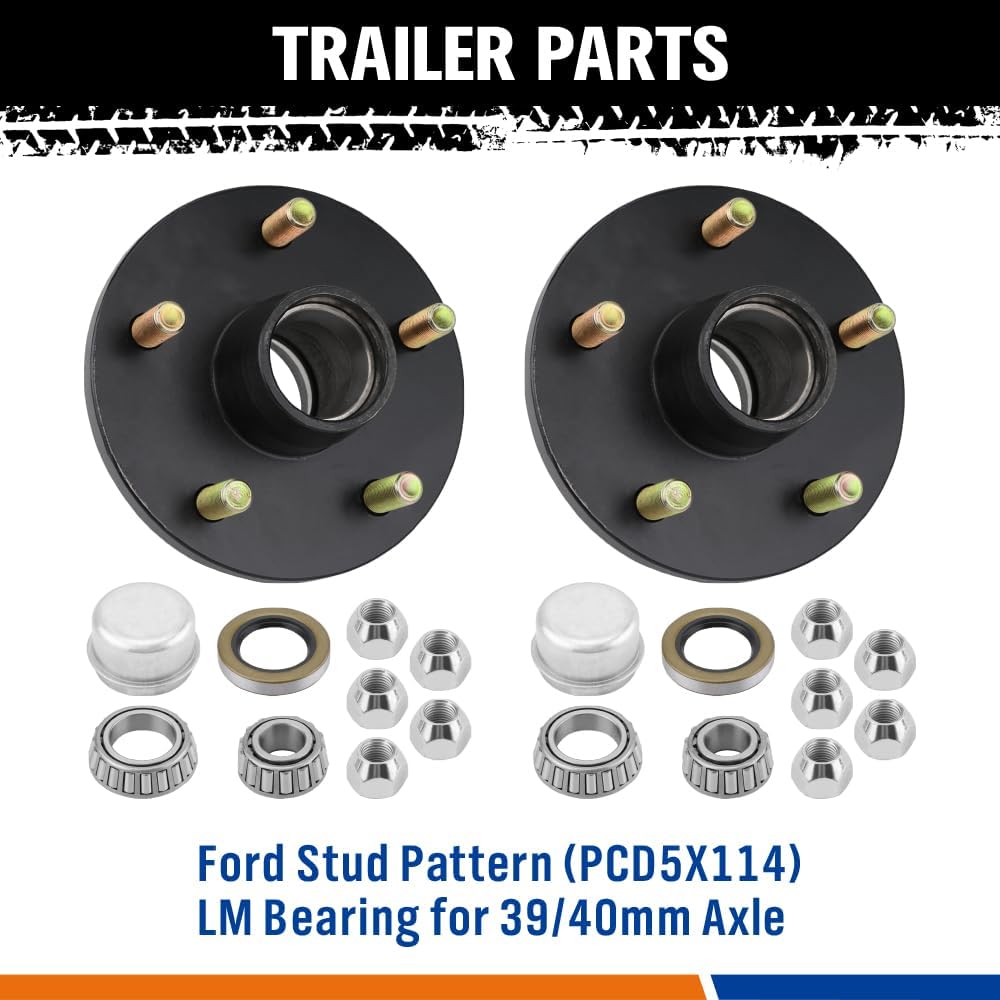 2PCS Trailer Idler Hub Kit with LM Bearings, Dust Caps, Oil Seals and Nuts for Ford 5x114.3mm PCD, suits 39/40mm round axle.