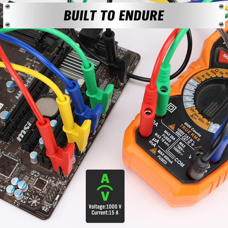 1.1m banana to alligator clip test lead set with silicone insulated wires for multimeter and electronic testing – 1000V 15A rated professional tool.