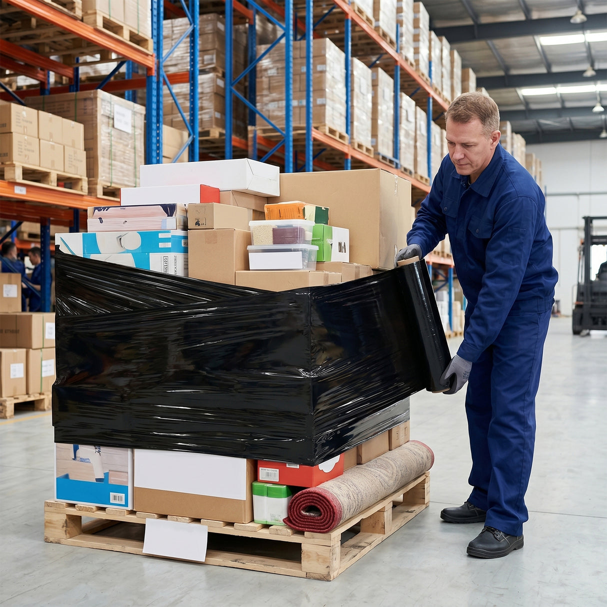 black stretch wrap roll 500mm x 300m heavy duty plastic pallet wrap film for moving, shipping, warehouse packing and storage protection