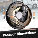 2-piece 12 inch trailer electric brake assembly with backing plate, brake shoes, electro-magnet, hand brake lever, adjuster screw and mounting holes
