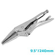 9.5-inch long nose locking pliers made of CR-MO steel with adjustable tension screw, quick release trigger and long narrow jaws