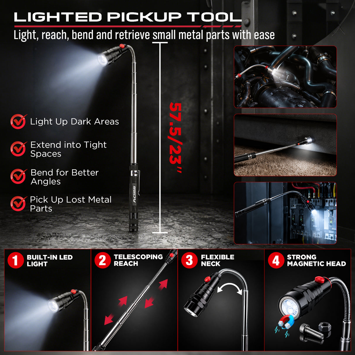 auto trim removal tool kit with red nylon pry tools, heat-treated pick hooks, ergonomic handles and extendable LED magnetic pickup tool for car panel, clip, seal and O-ring removal