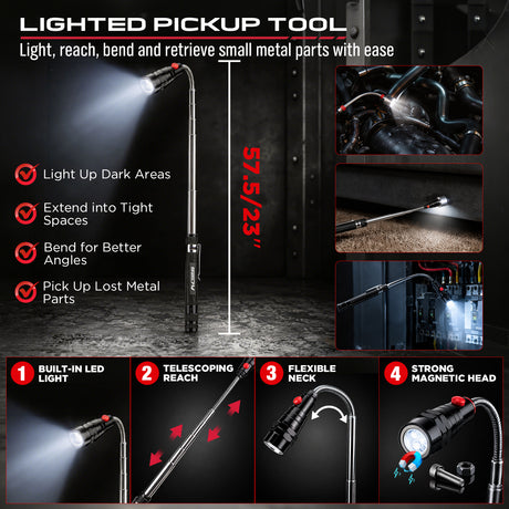 auto trim removal tool kit with red nylon pry tools, heat-treated pick hooks, ergonomic handles and extendable LED magnetic pickup tool for car panel, clip, seal and O-ring removal